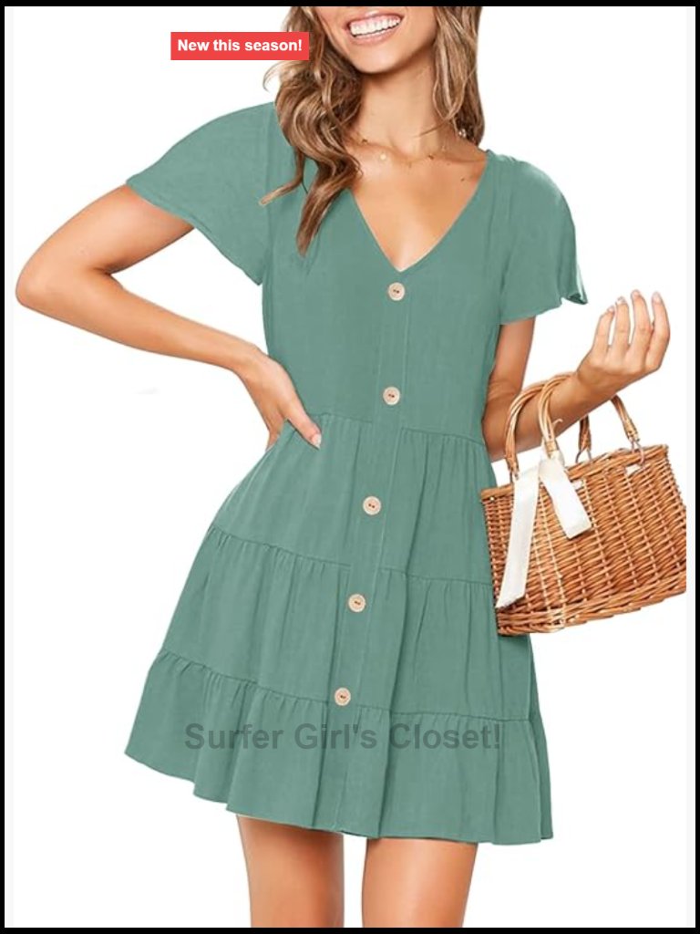 Sleeveless V-Neck Button Down A-Line Swing Mini Dress With Pockets